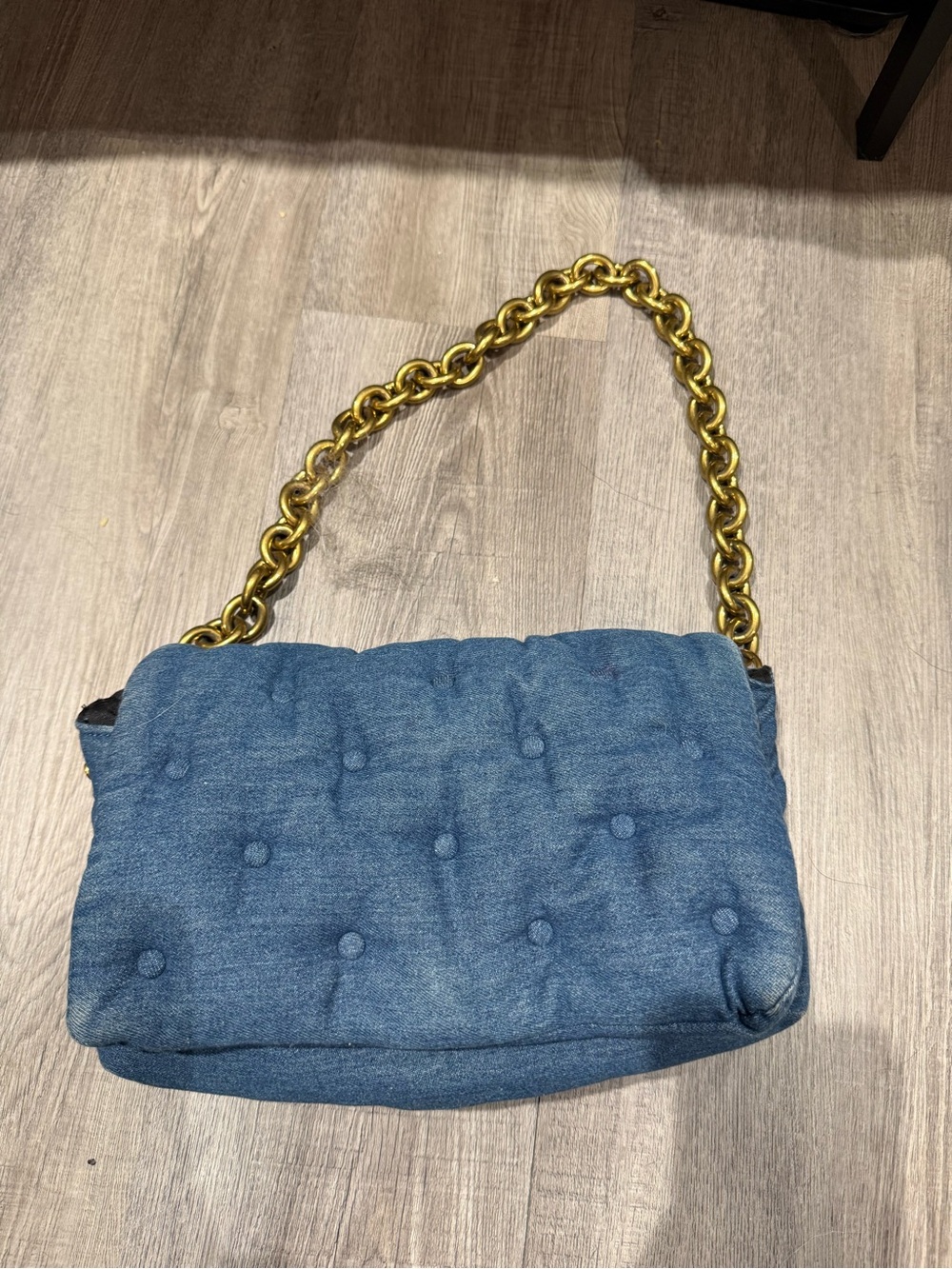 Quilted Blue Denim Shoulder Bag with Gold Chain